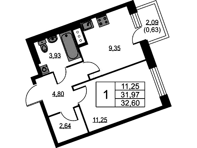 1-комнатная квартира 32.6 м², 3/9 эт., ЖК «Квартал Лаголово»